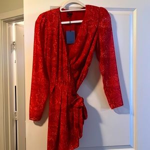 NBD fauna red orange snake puff shoulder wrap mini dress